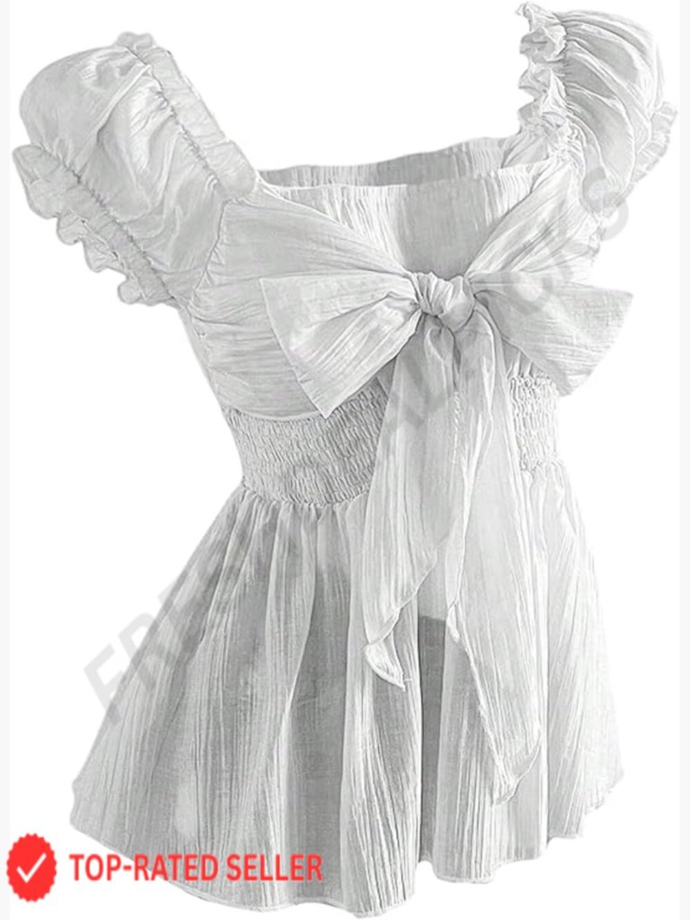 Women's Summer Puff Sleeve Peplum Blouse Smocked Tie Bow Chiffon Top Size XS-L - Picture 1 of 5